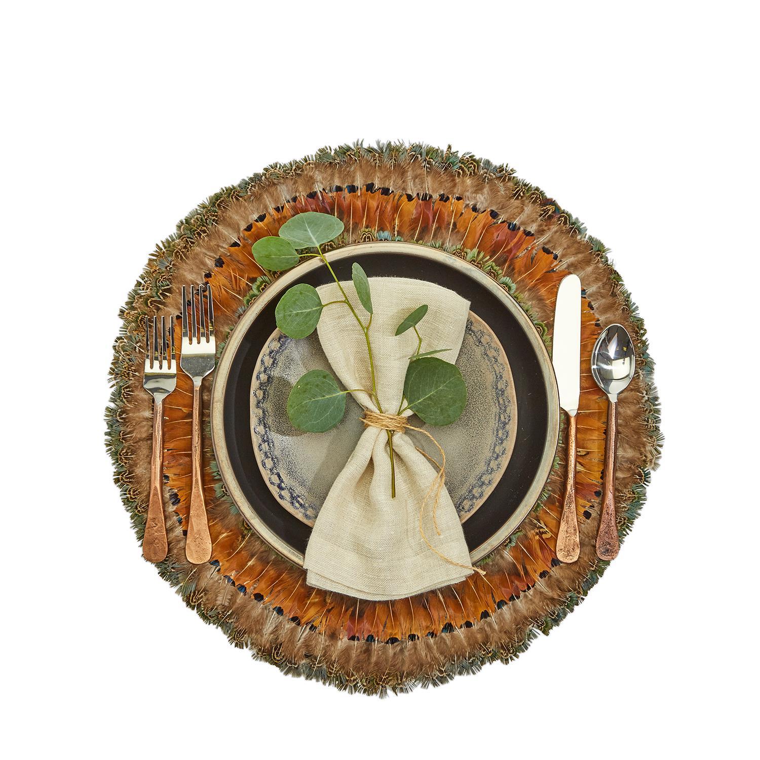 Two's Company Pheasant Park Round Decorative Mats - Pheasant Feathers (set of 6)