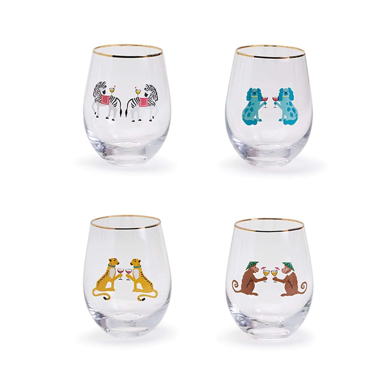 Two's Company Animal Party S/4 Stemless Wine Glasses