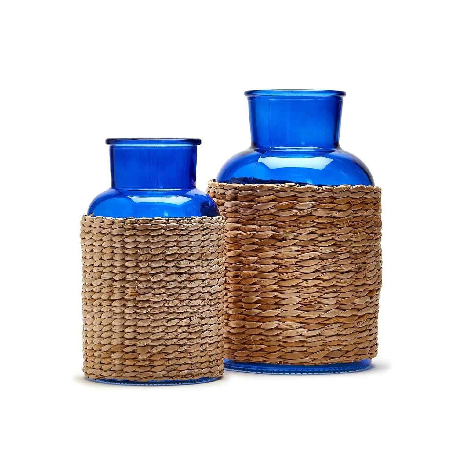 S/2 Blue Glass Candle Holder / Vase with Rattan Wrap