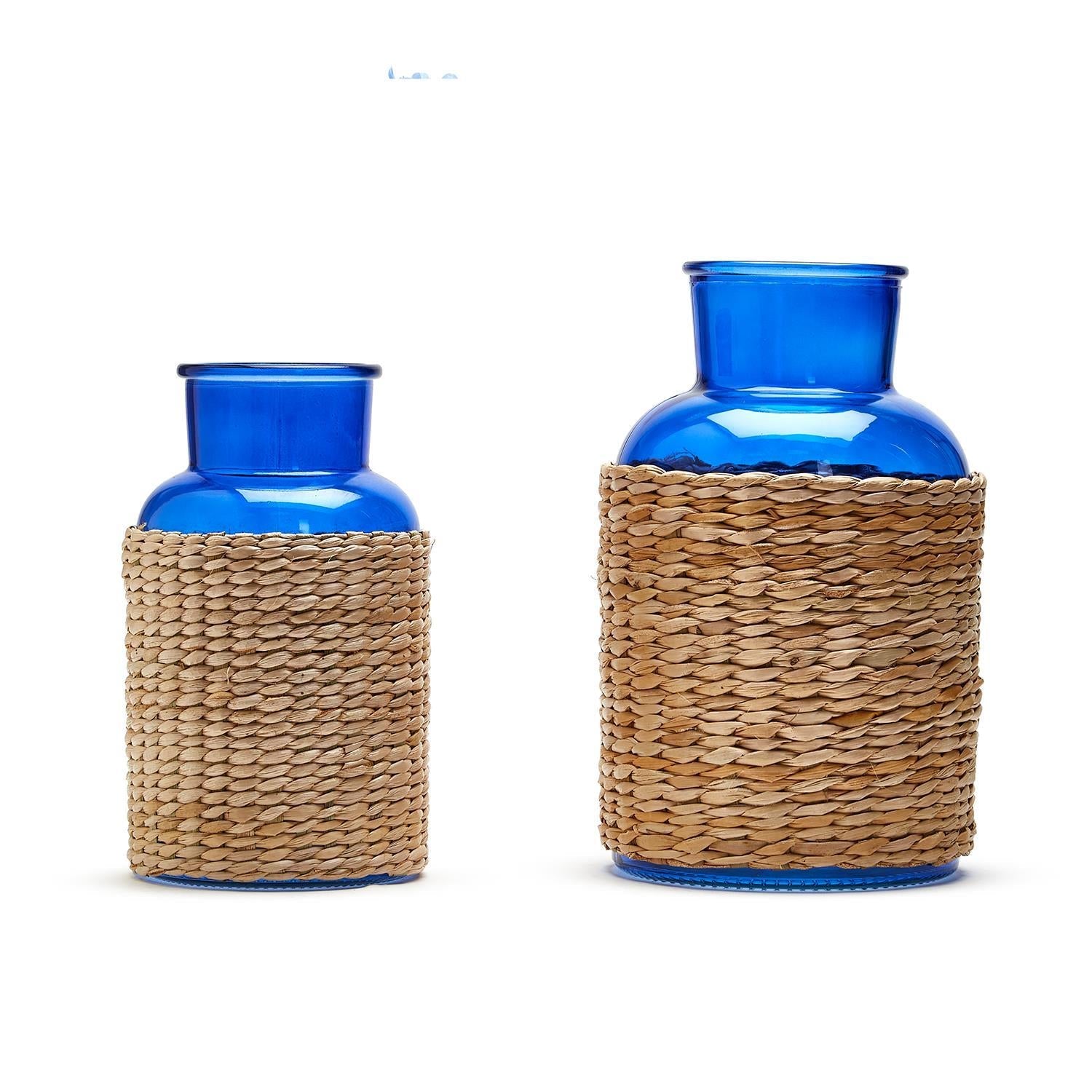 S/2 Blue Glass Candle Holder / Vase with Rattan Wrap