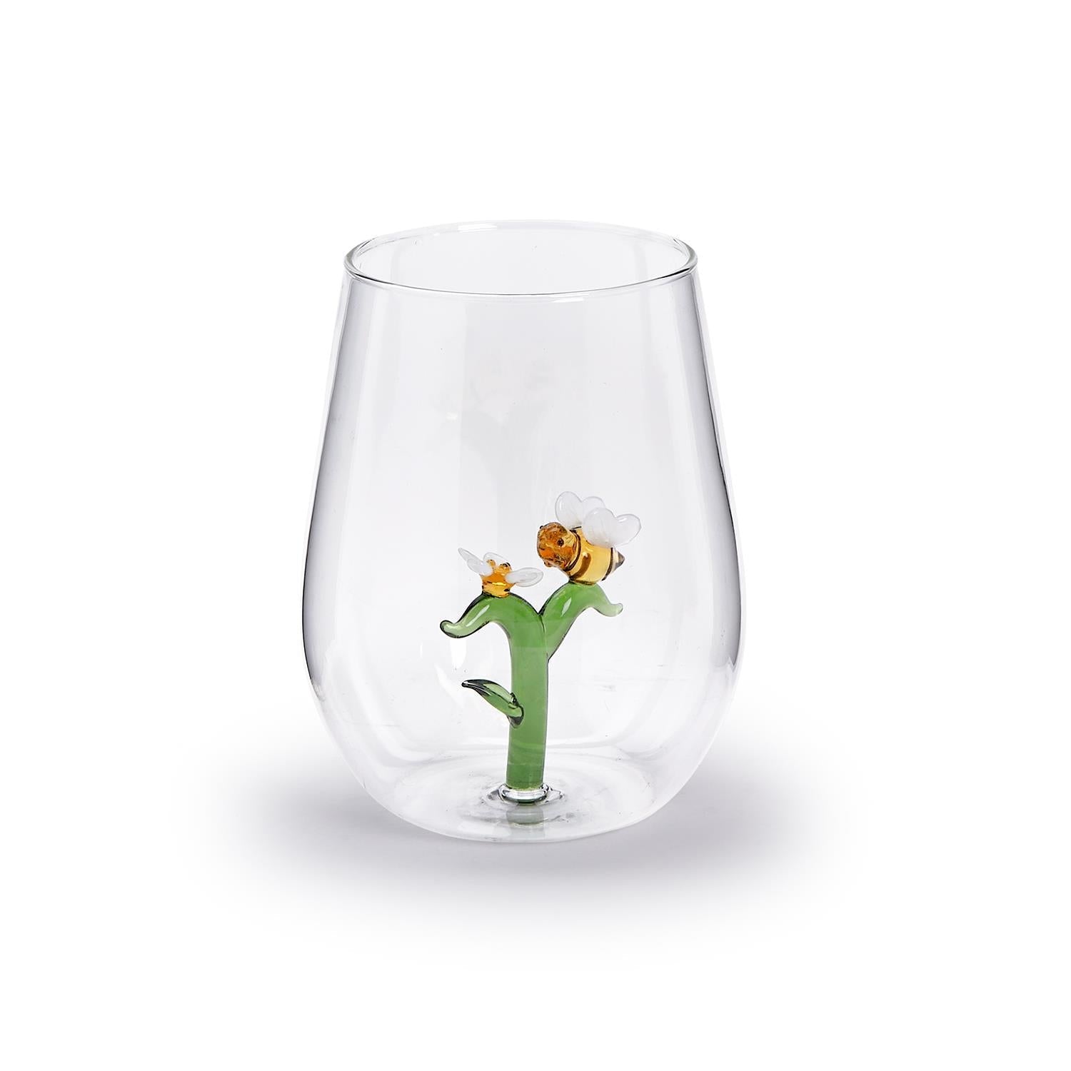 Bee and Flower Stemless Wine Glass