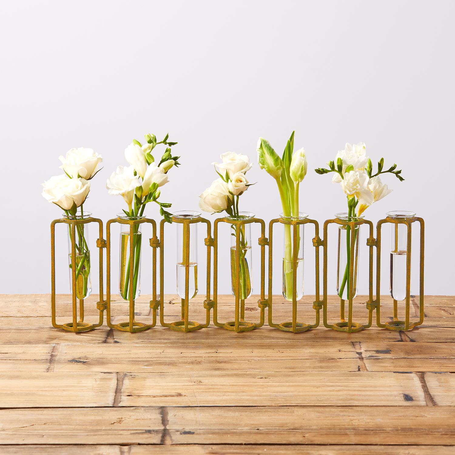 Two's Company Lavoisier Hinged Flower Vases with Antiqued Gold Finish - Metal/Glass  (set of 7)