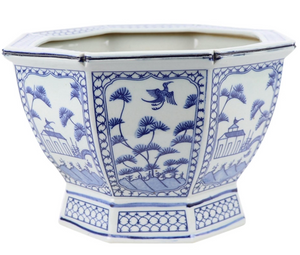 The Enchanted Home Mid Size Soft Blue Floral and Village Hexagon Planter