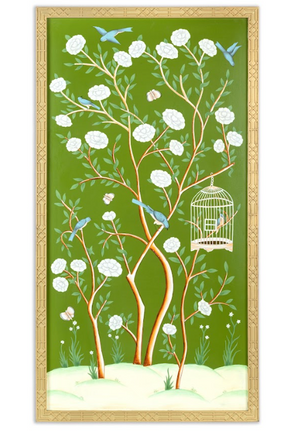 The Enchanted Home Moss Green And Multi Color Bird Cage Chinoserie Mural