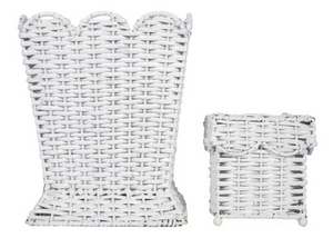 The Enchanted Home Square Scalloped White Wicker Wastepaper Basket & Tissue Holder