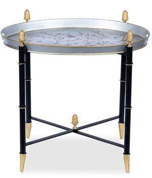 The Enchanted Home Pewter Round Tray & Black Table with Gold Finials