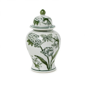 Two's Company 8" Primrose and Lotus Green and White Chinoiseire Jar with Lid