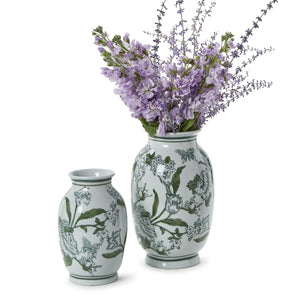 Two's Company Set of 2 Primrose and Lotus Green and White Chinoiserie Vases