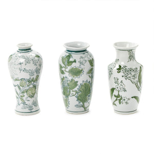 Two's Company Set of 3 Primrose and Lotus Hand-Painted Green and White Chinoiserie Vases