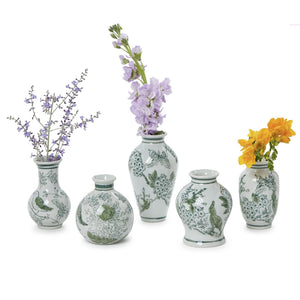 Two's Company Set of 5 Primrose and Lotus Hand-Painted Mini Green and White Chinoiserie Vases