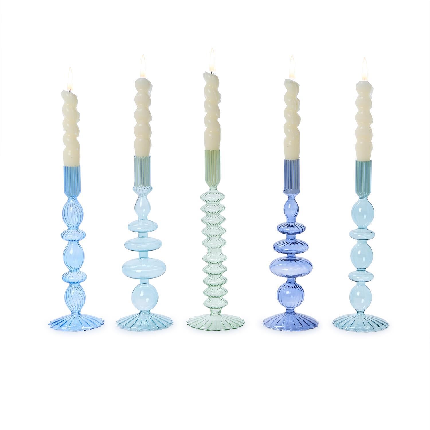 Two's Company Set of 5 Shades of Blue Hand-Blown Glass Taper Candlestick Candleholders