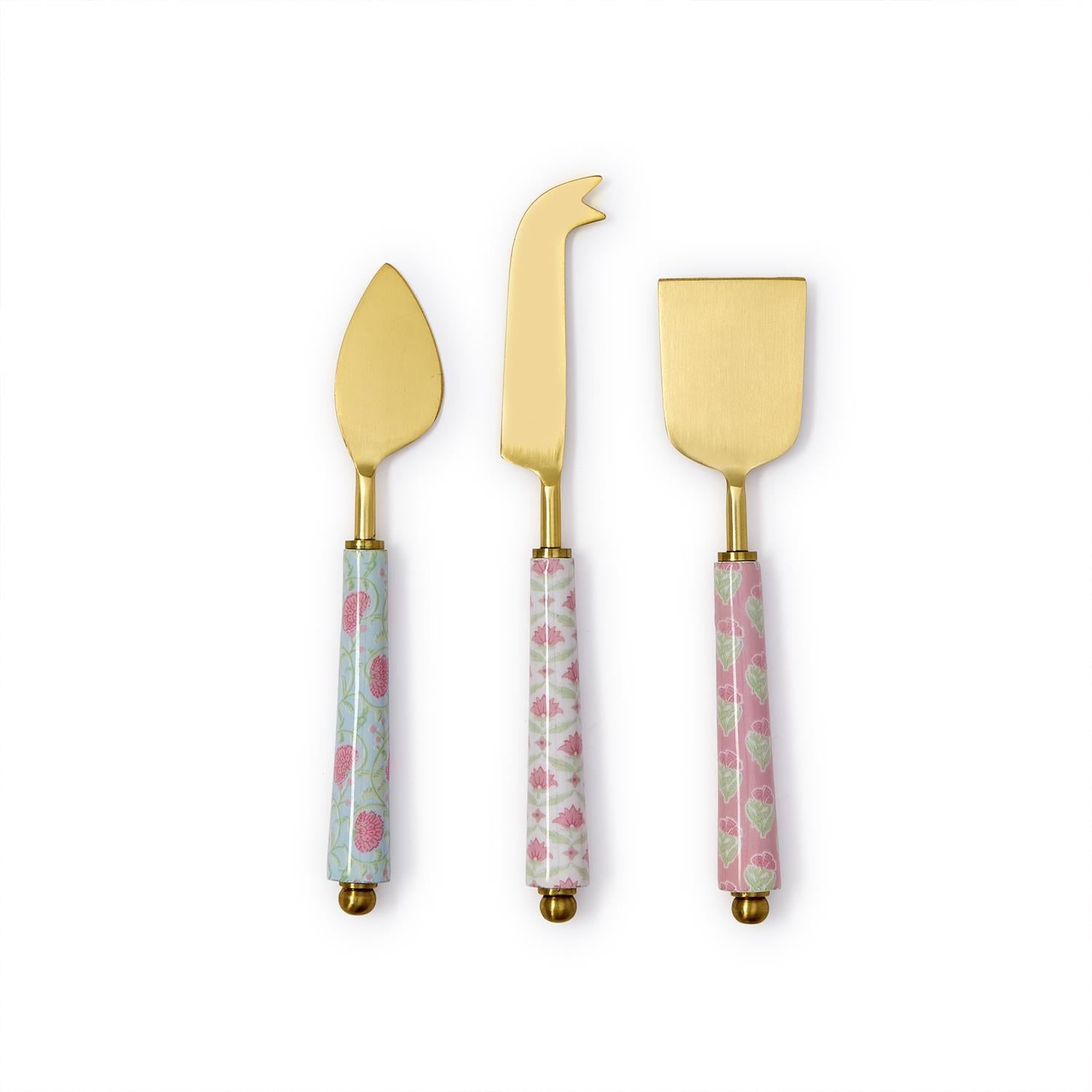 Two's Company Set of 3 Floral Block Print Cheese Knives in Gift Box