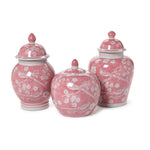 Two's Company Set of 3 Hand-Painted Pink Chinoiserie Covered Jars