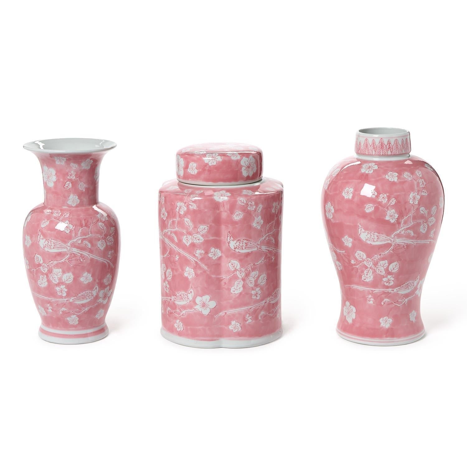 Two's Company Set of 3 Hand-Painted Pink Chinoiserie Vases / Jar