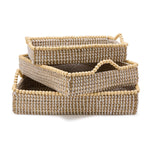 Two's Company Set of 3 Natural Seagrass Rectangle Trays with Wooden Bead Accent