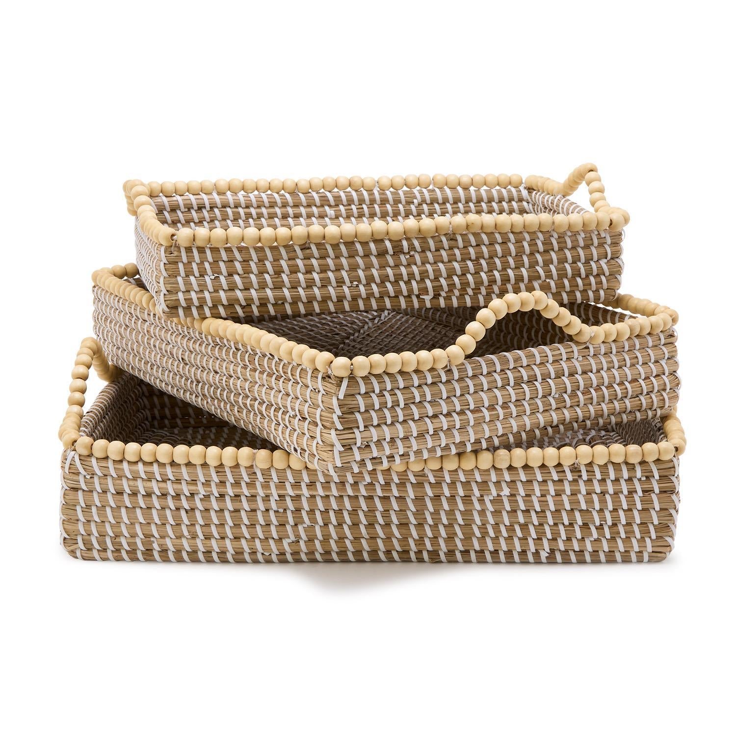 Two's Company Set of 3 Natural Seagrass Rectangle Trays with Wooden Bead Accent
