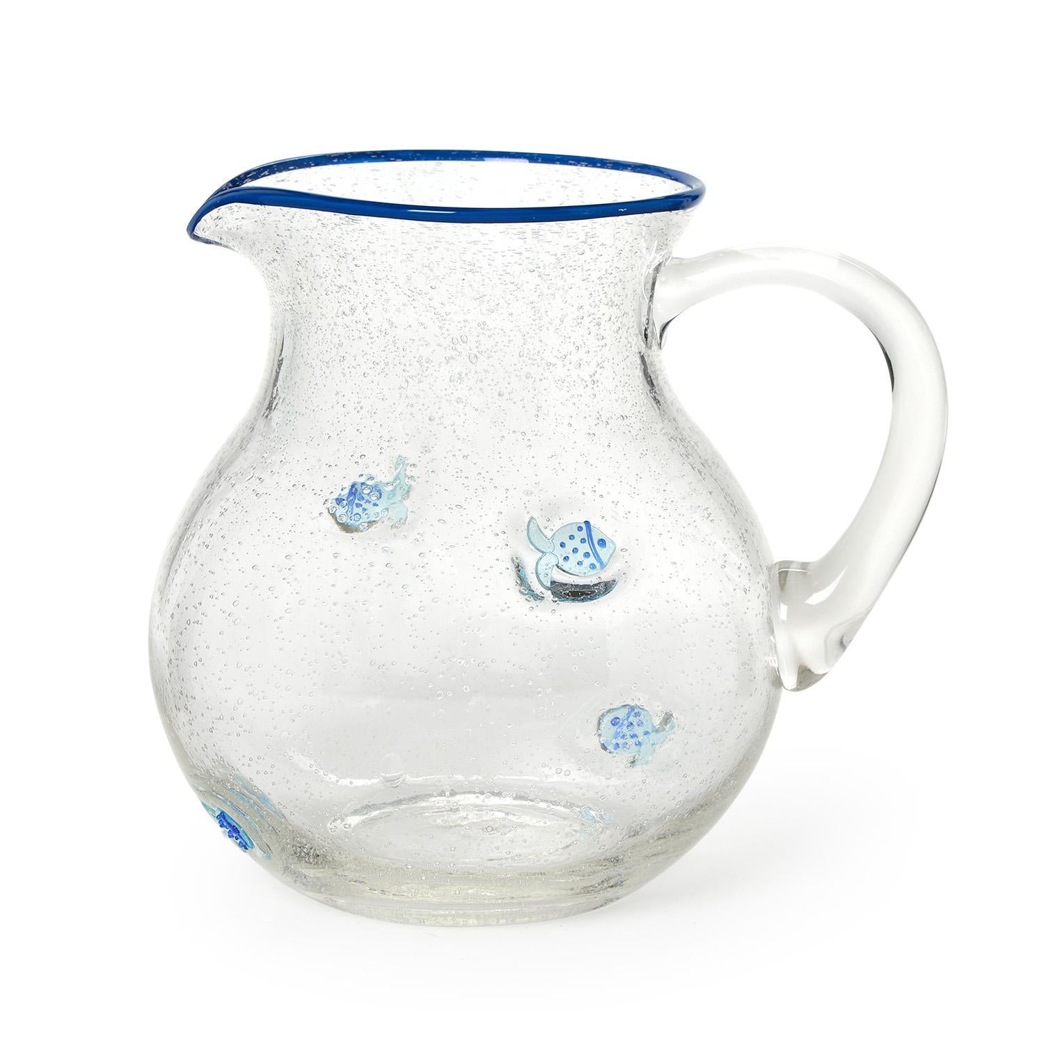 Two's Company Fish Clear Bubble Pitcher with Hand-Painted Rim