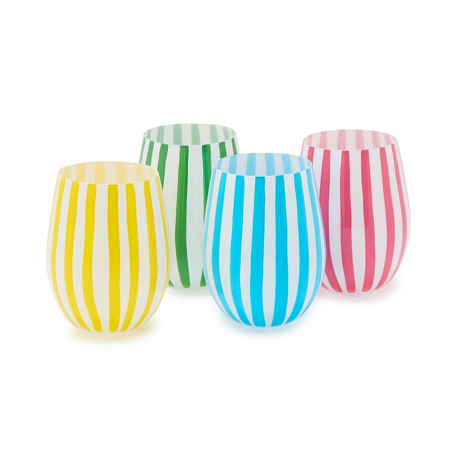 Two's Company Set of 4 Stripe Hand-Painted Stemless Wine Glass Incl 4 Colors