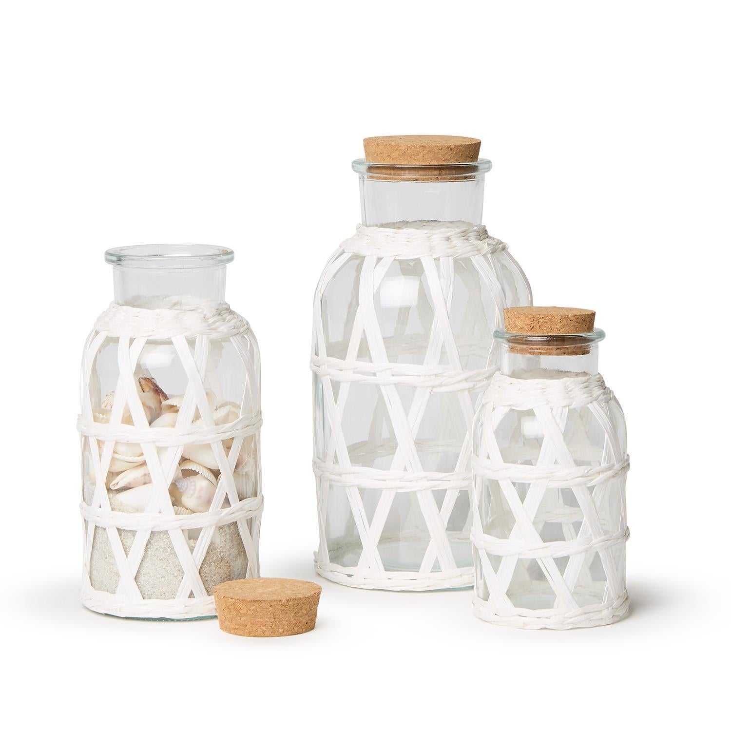 Two's Company Set of 3 White Lattice Wrapped Decorative Jars w/Cork Stopper