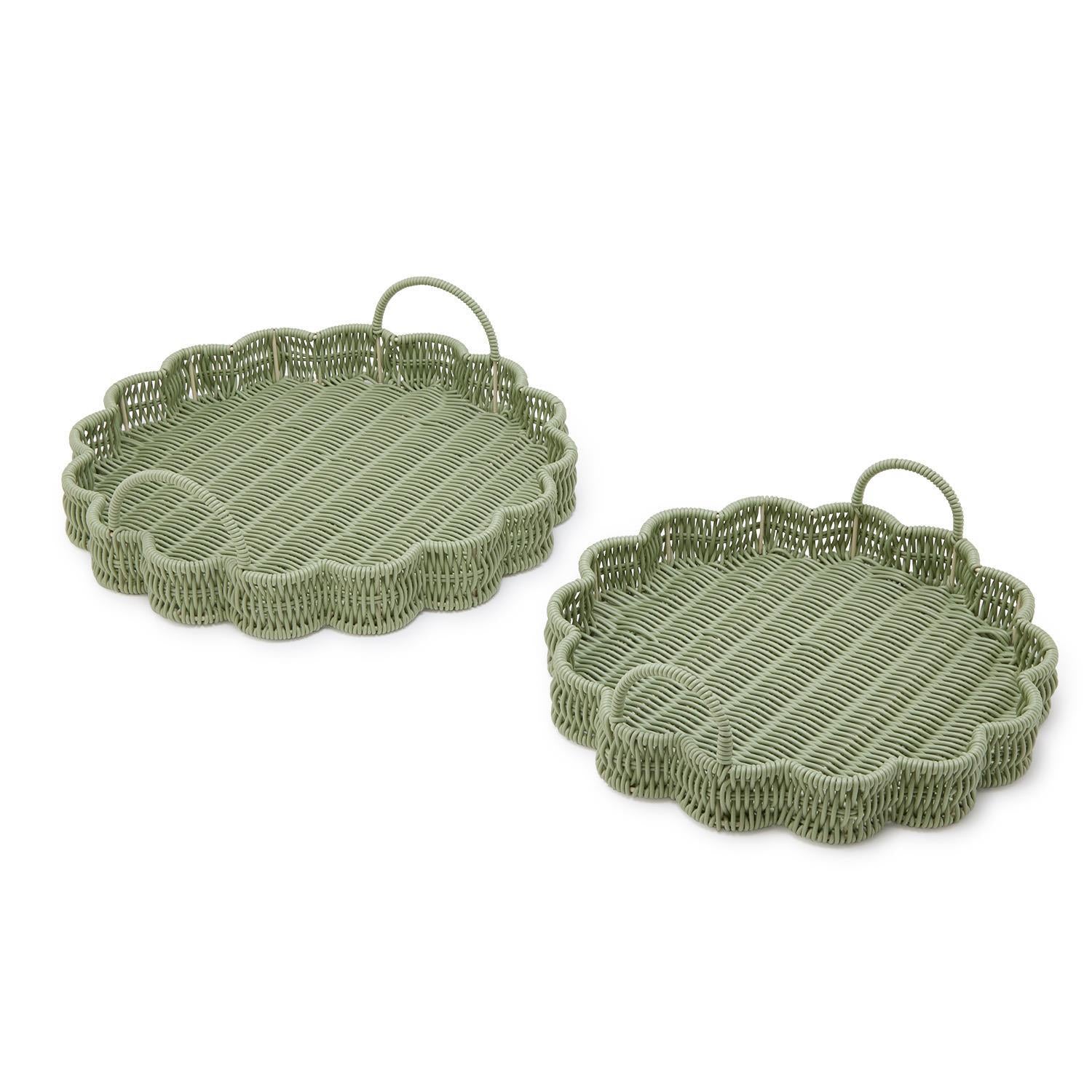 Two's Company Set of 2 All Weather Wicker Scalloped Edge Green Round Serving Tray