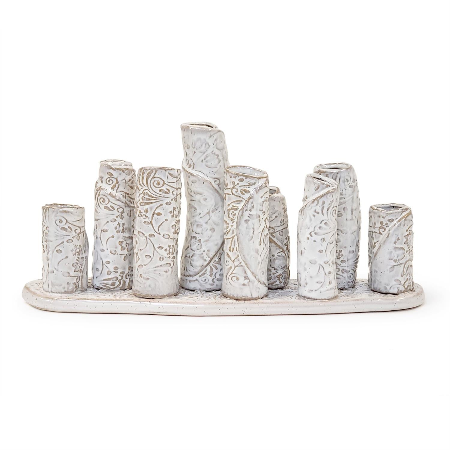 Two's Company White Washed Embossed Pattern Multi Vase on Platform