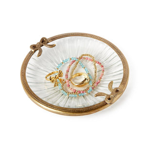 Two's Company Antique Gold Finish Round Glass Trinket Tray w/Bow Accent - 55310