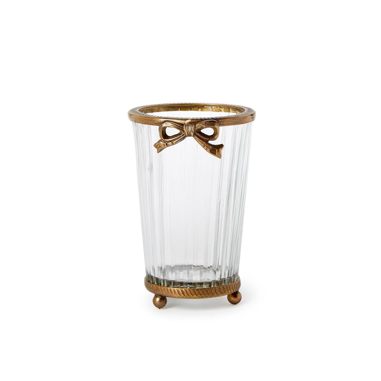Two's Company Antique Gold Finish Hand Cut Glass Vase w/Bow Accent