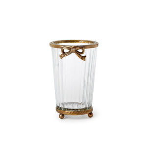 Two's Company Antique Gold Finish Hand Cut Glass Vase w/Bow Accent
