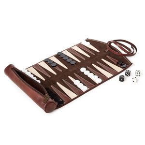 Two's Company Roll-Up Portable Genuine Leather Backgammon Game Set