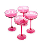 Two's Company S/4 Sparkling Cut Pink Hand Engraved Coupe Wine Glasses