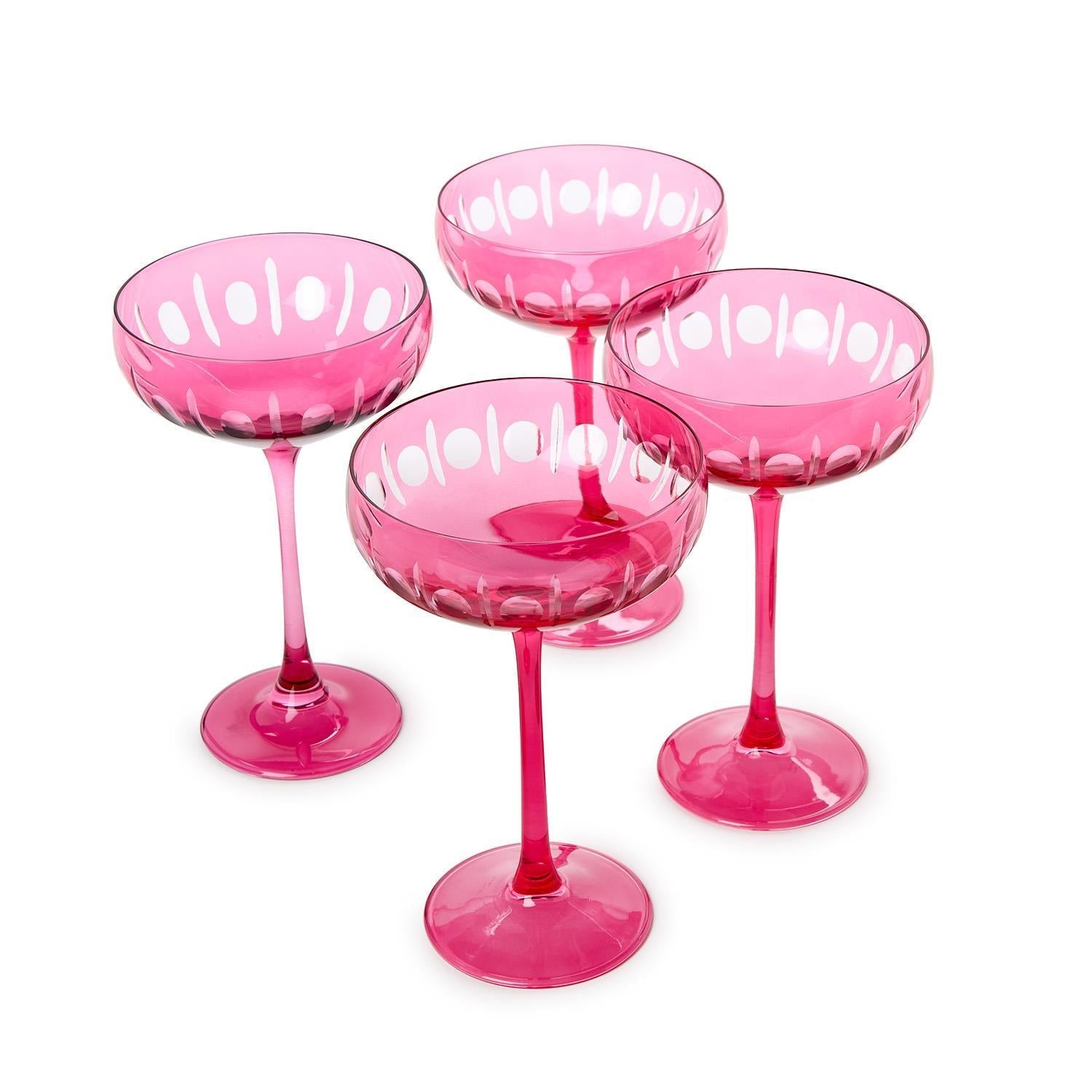 Two's Company S/4 Sparkling Cut Pink Hand Engraved Coupe Wine Glasses