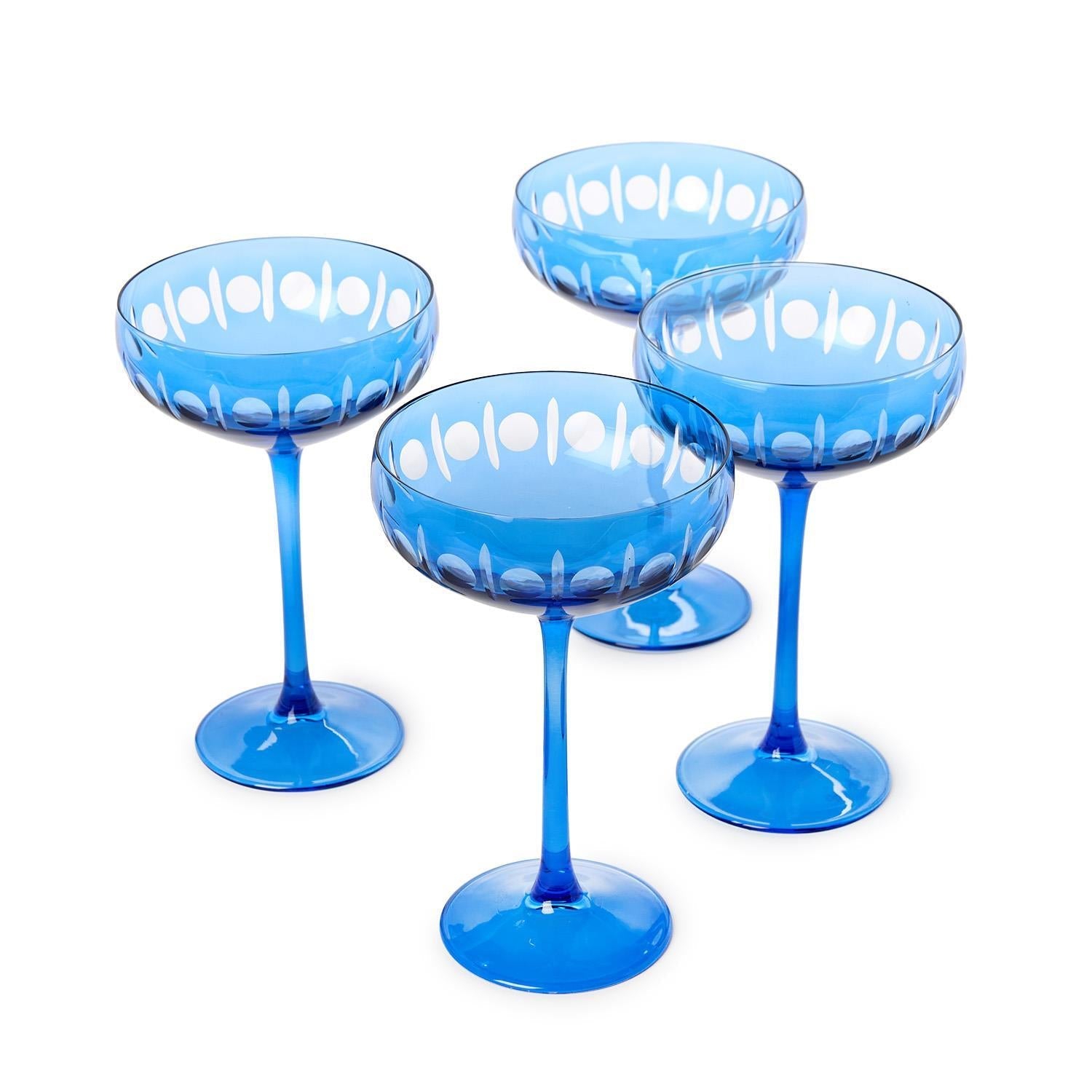 Two's Company S/4 Sparkling Cut Blue Hand Engraved Coupe Wine Glasses