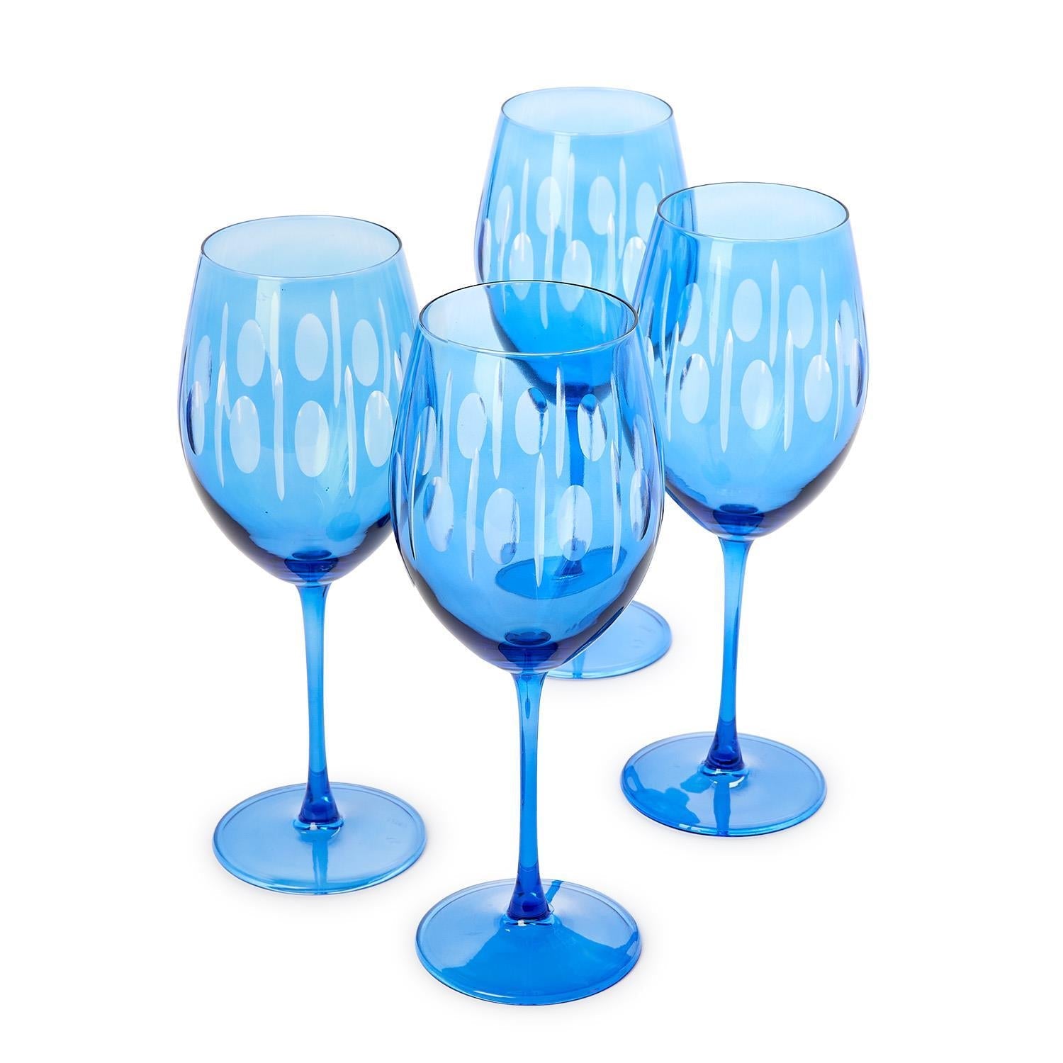 Two's Company S/4 Sparkling Cut Blue Hand Engraved Stemmed Wine Glasses