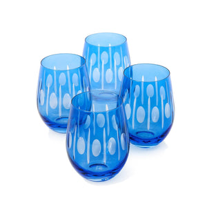 Two's Company S/4 Sparkling Cut Blue Hand Engraved Stemless Wine Glasses