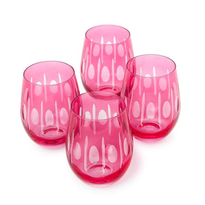 Two's Company S/4 Sparkling Cut Pink Hand Engraved Stemless Wine Glasses