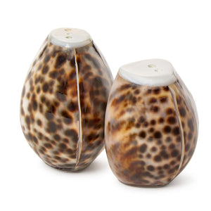 Two's Company Tiger Cowrie Salt and Pepper Shaker Set in Natural Jute Pouch - 55426