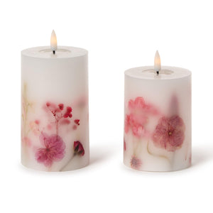 Two's Company Set of 2 Flickering Flameless Wax Pillar Candles with Pressed Flowers and Melt Pool Effect Includes 2 Sizes - 55439