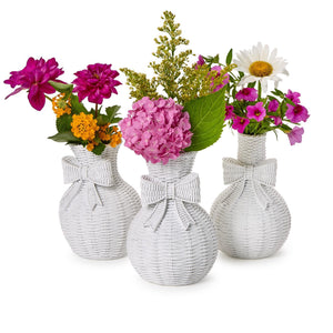 Two's Company Bowed Beauties Set of 3 Basket Weave Pattern White Vases - 55452