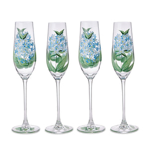Two's Company Set of 4 Hydrangea Hand-Painted Stemmed Champagne Flutes - 55590