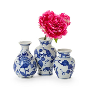 Two's Company Set of 3 Hand-Painted Blue and White Floral Chinoiserie Vases - 55620