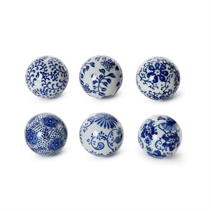 Two's Company Set of 6 Hand-Painted Blue and White Decorative Balls - 55623