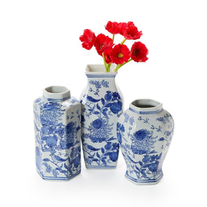 Two's Company Set of 3 Chrysanthemum Hand-Painted Blue and White Vases Incl 3 Shapes - 55624