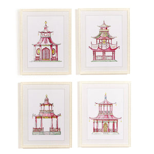 Two's Company Set of 4 Pink Pagoda White Beaded Framed Wall Art Prints - 55656