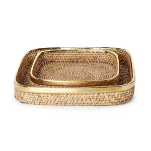 Tozai Home Set of 2 Rectangle Hand Woven Rattan Tray with Brass Rim Accent - ANT001-S2