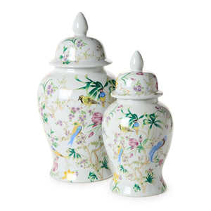 Tozai Home Set of 2 Bird & Blossom Chinoiserie Covered Temple Jar - BLF176-S2