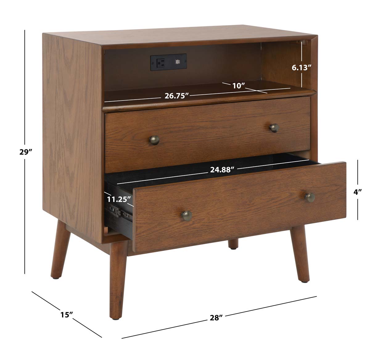 Safavieh Scully 2 Drawer 1 Shelf Chest W/ Usb, CHS6417 - Medium Oak / Gold
