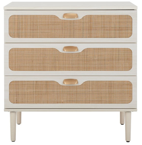 Safavieh Irelia 3 Drawer Chest, CHS9602 - Bleached White / Natural Rattan / Gold Handle