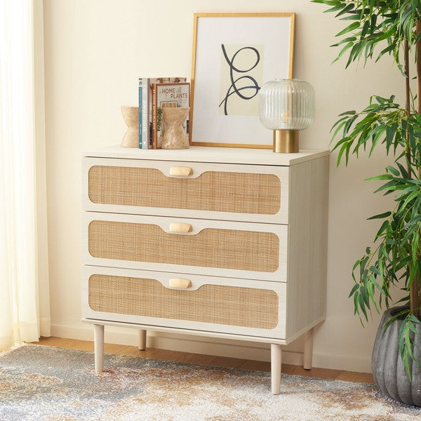 Safavieh Irelia 3 Drawer Chest, CHS9602 - Bleached White / Natural Rattan / Gold Handle