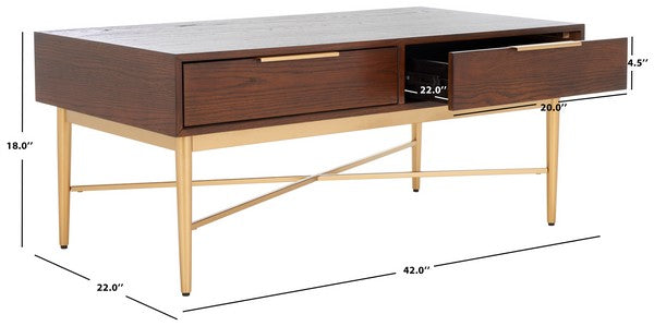 Safavieh Pierre 2 Drawer Coffee Table, COF6404 - Walnut / Gold