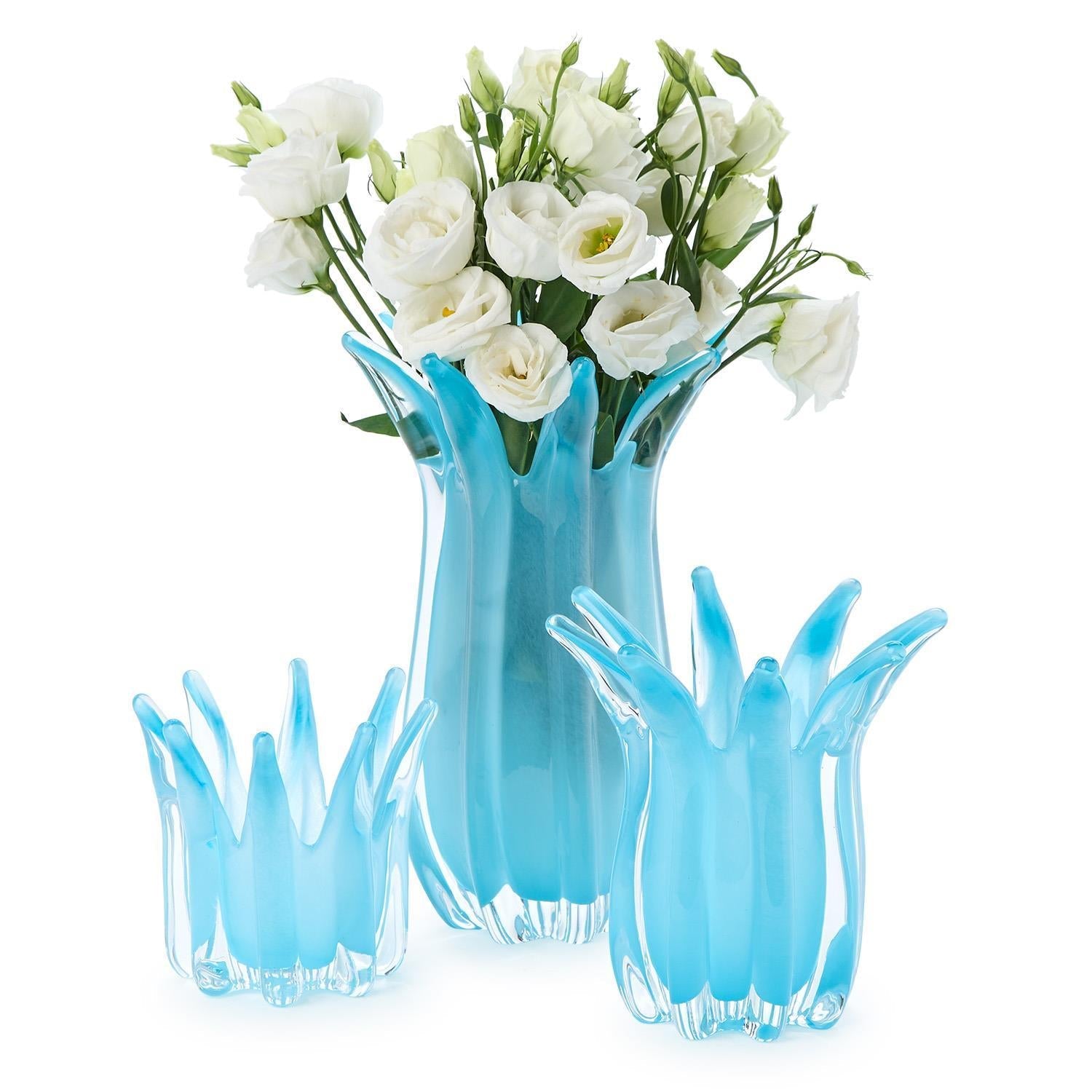 Two's Company Set of 3 Blue Glass Candle Holder/Vase